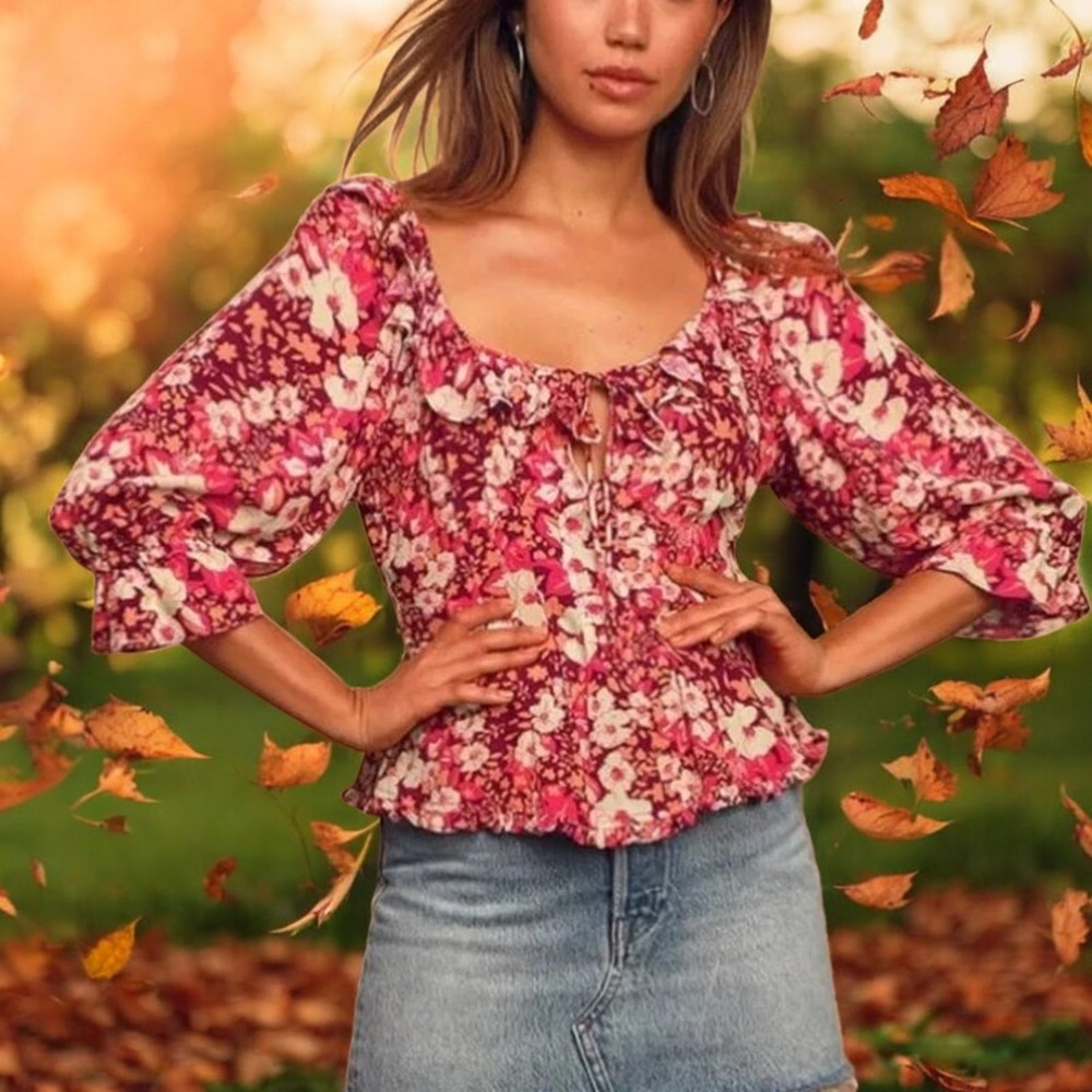 Free People Womens Blouse Size S Sweet Memories 3/4 Sleeve Orange & Pink Floral